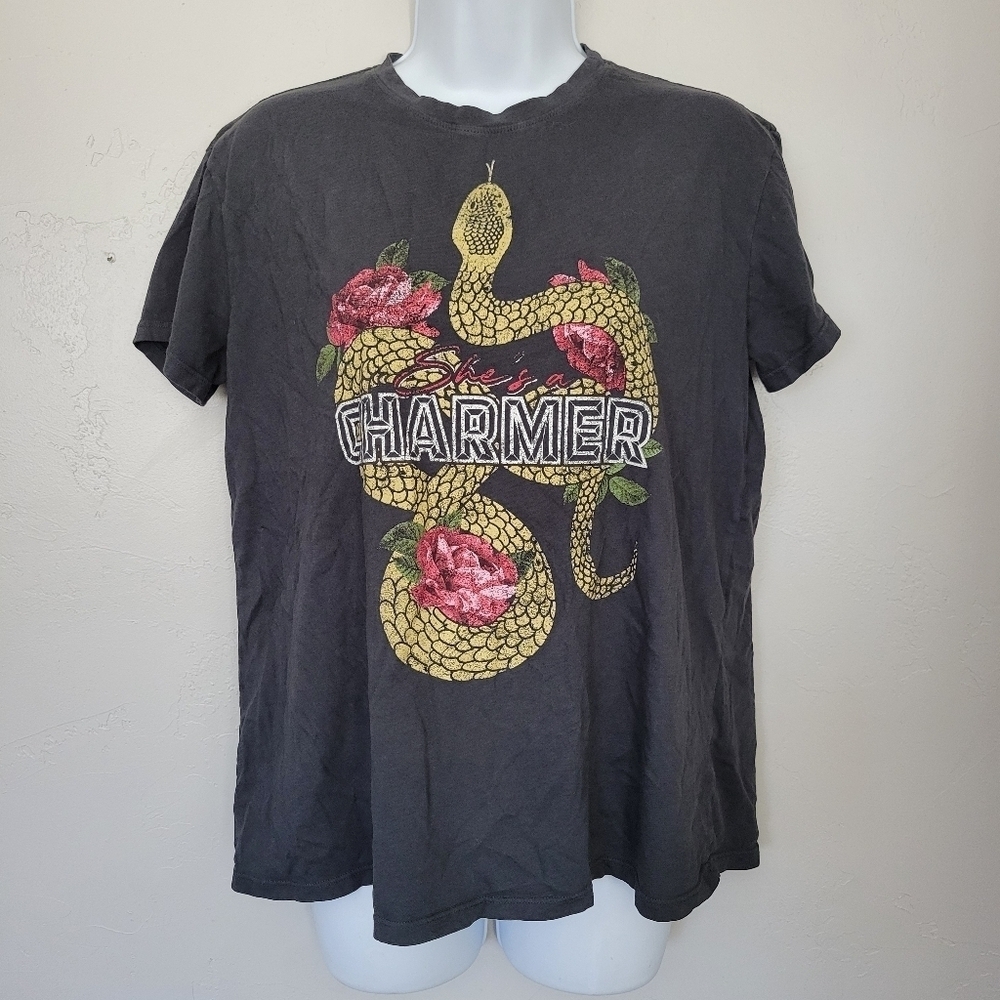 Show Me Your Mumu Women's XS Charcoal Grey Short Sleeve Graphic Tee Snake Top